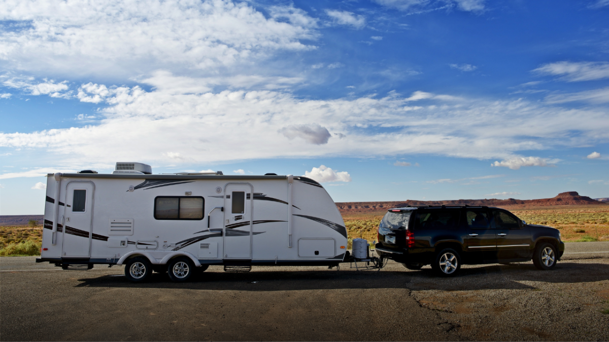 A travel trailer being towed