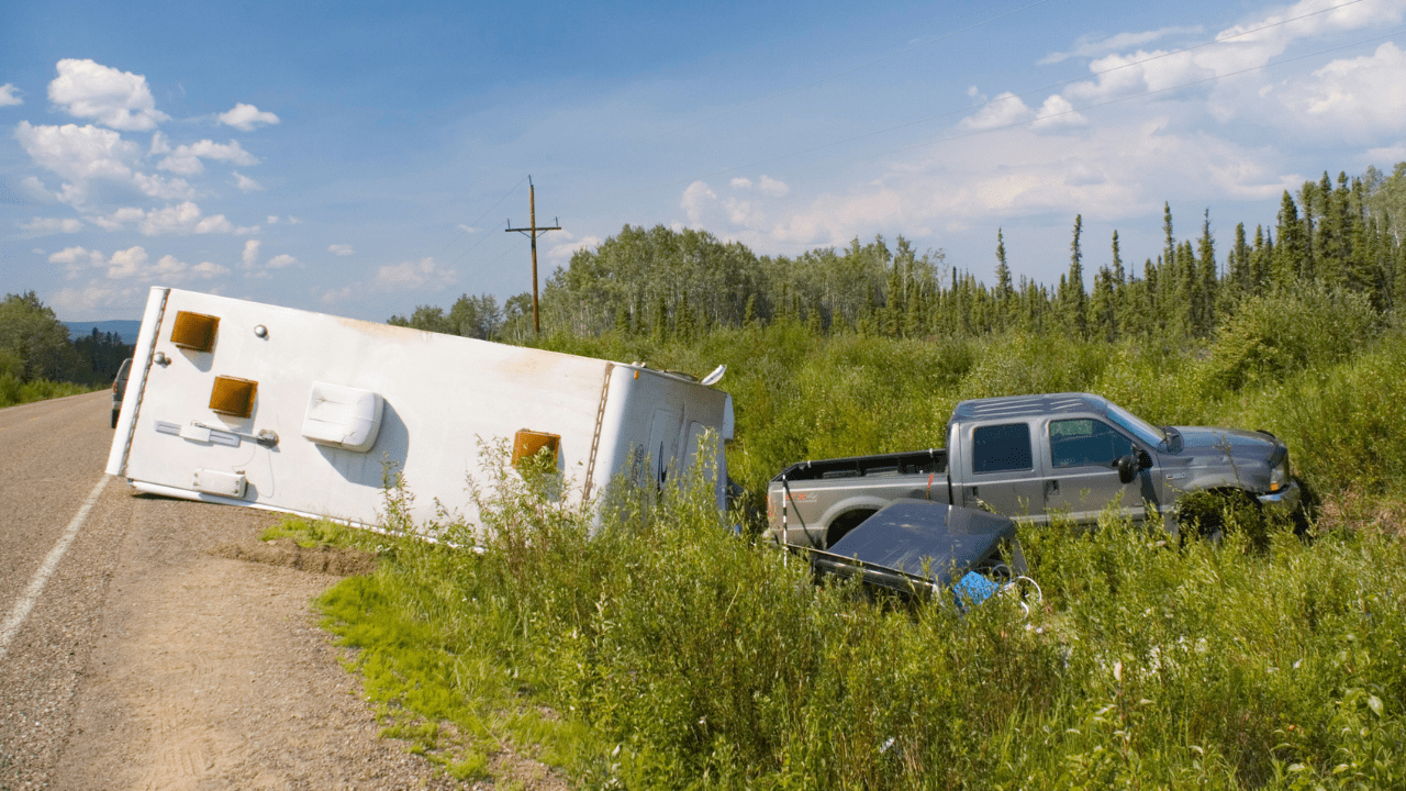 A truck and trailer in the ditch