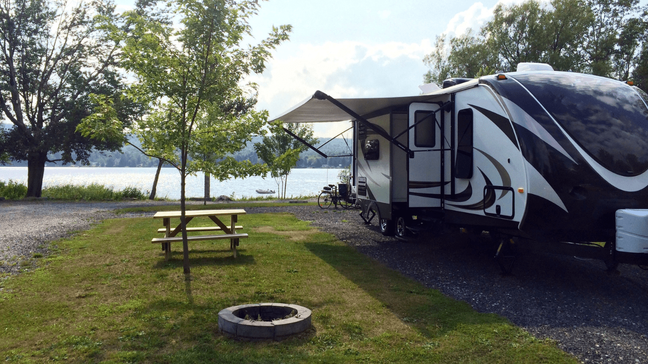 A travel trailer set up at an RV park - copyright Robert Malo