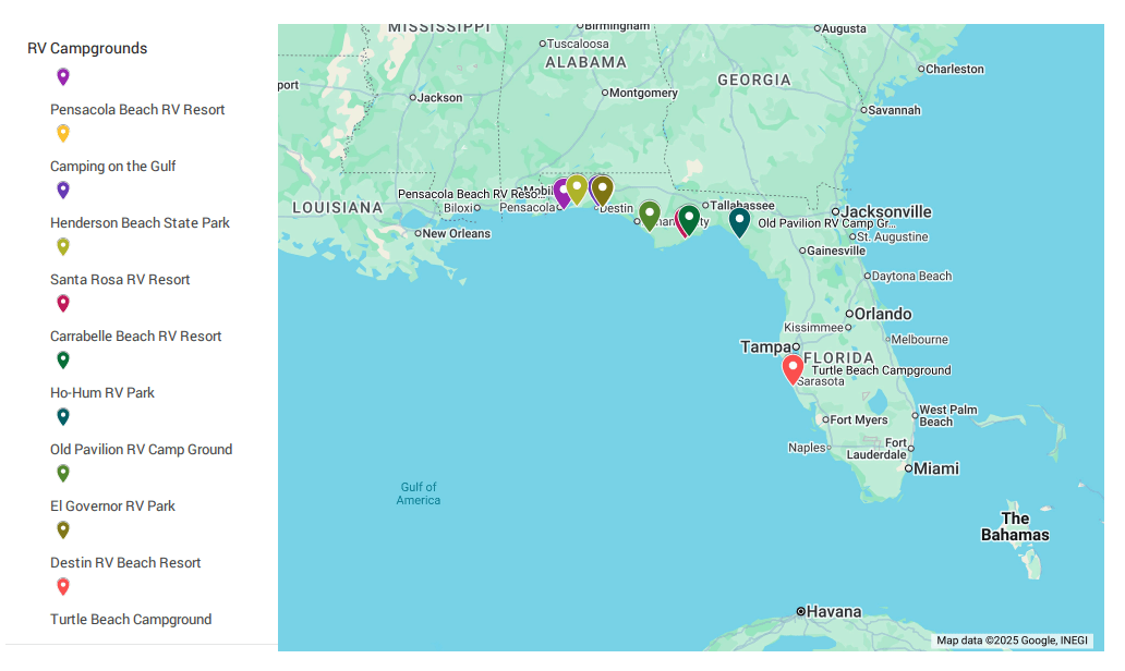 Map of beachfront campgrounds
