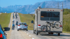 RV traveler driving down a busy stretch of highway