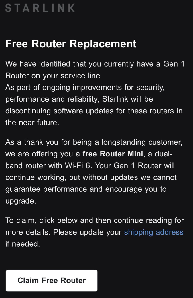Free router replacement email from Starlink