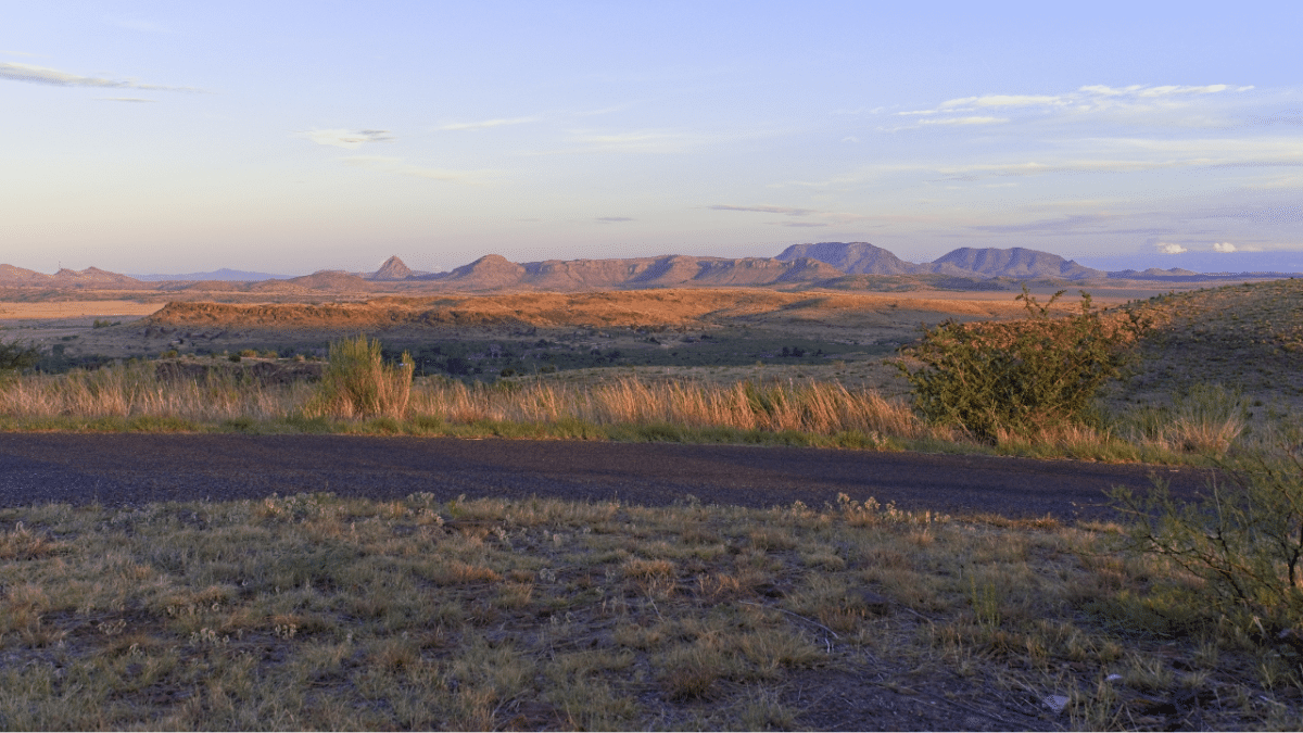 Panoramic landscape at sunset of the Chihuahuan desert and the Davis Mountains