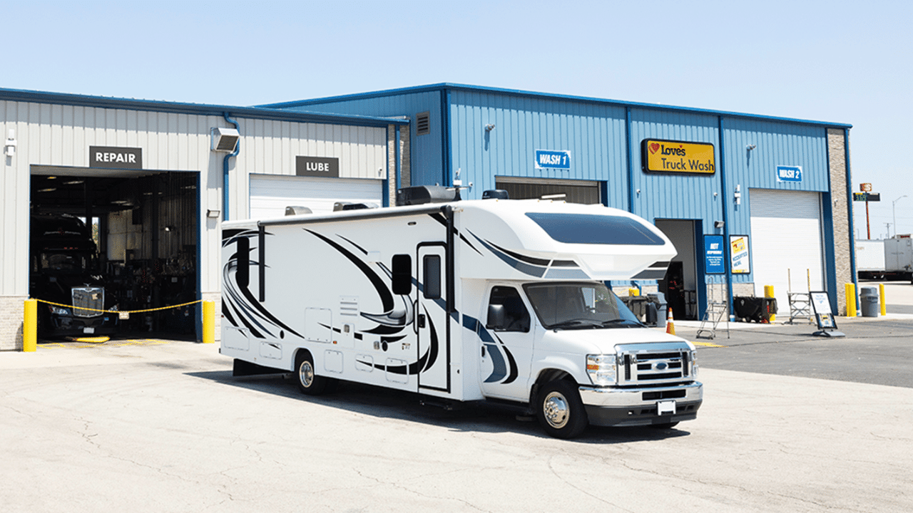 A motorhome at a Love's repair center via Loves.com