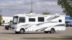 A motorhome parked in a parking lot