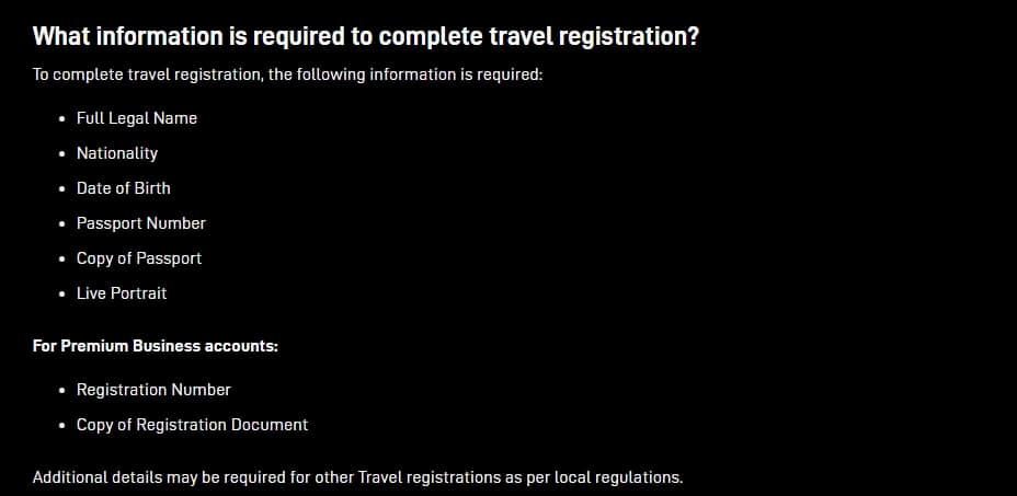 Screenshot of the Starlink Travel Registration support page.