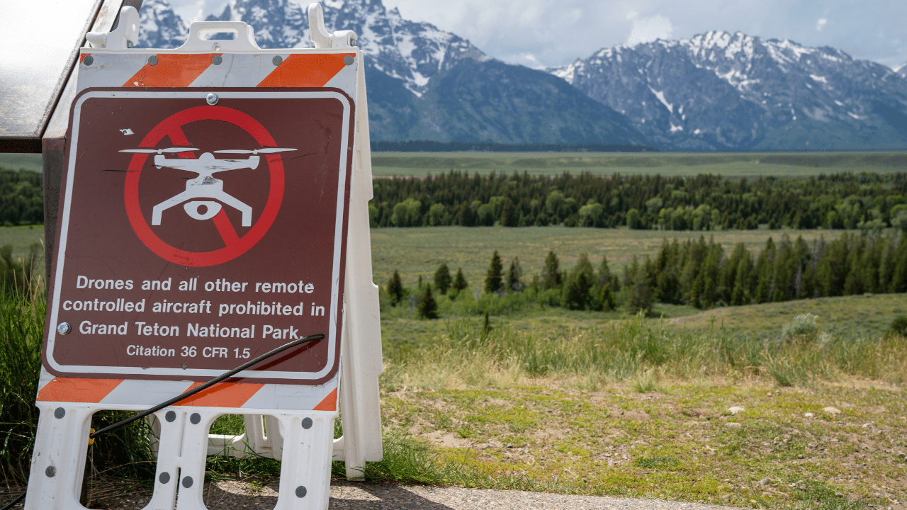 Sign reminding visitors that drones and other remote controlled aircraft are prohibited in Grand Teton National Park
