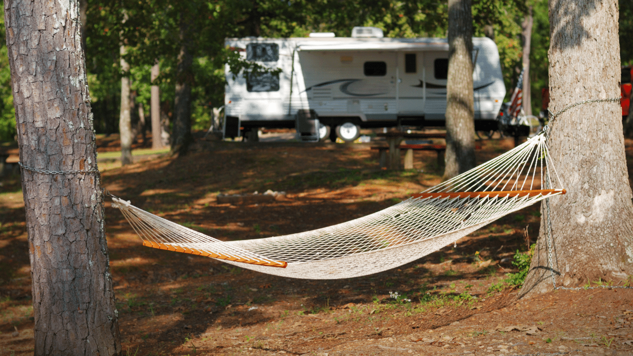 A hammock hanging from a tree at an RV park
