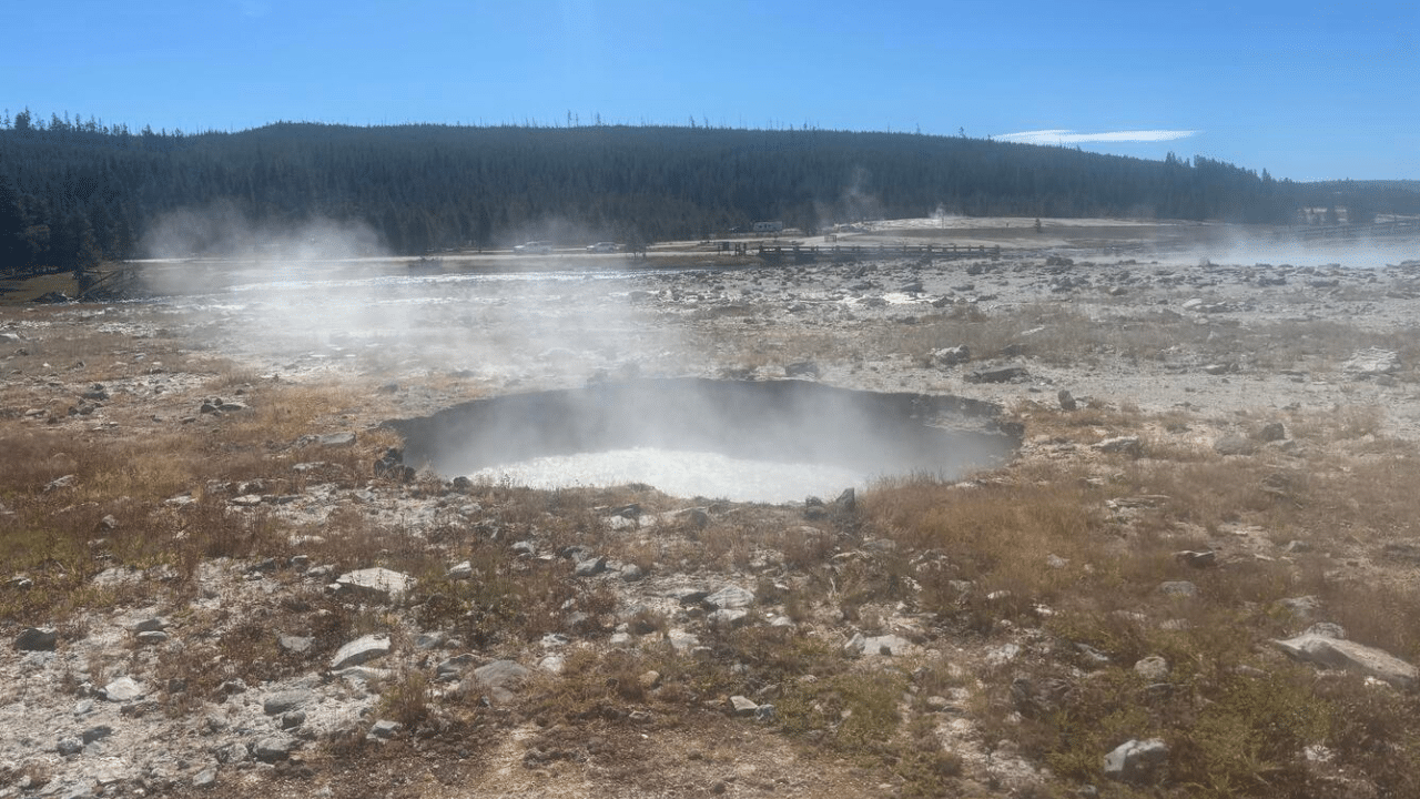 Pool of boiling water that formed a few days after the June 13, 2026, hydrothermal explosion at Biscuit Basin