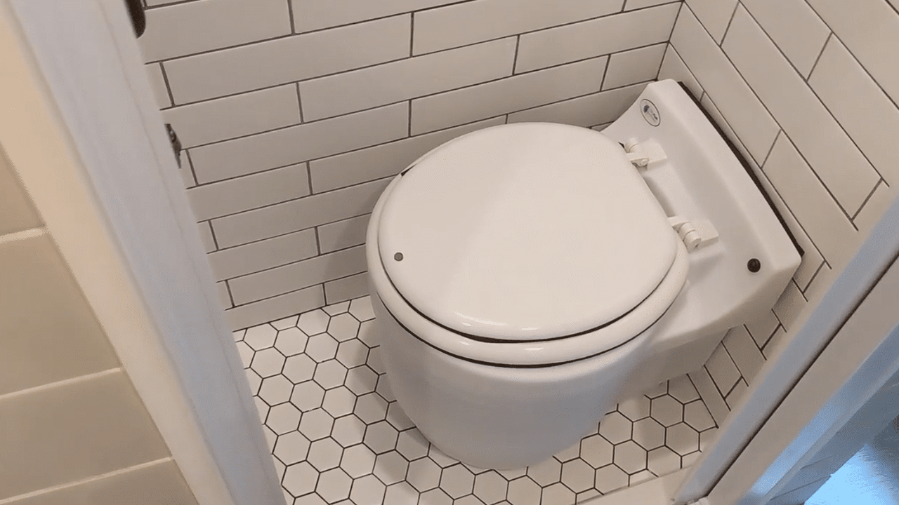 A Laveo Dry Flush toilet from Going Bondless on YouTube