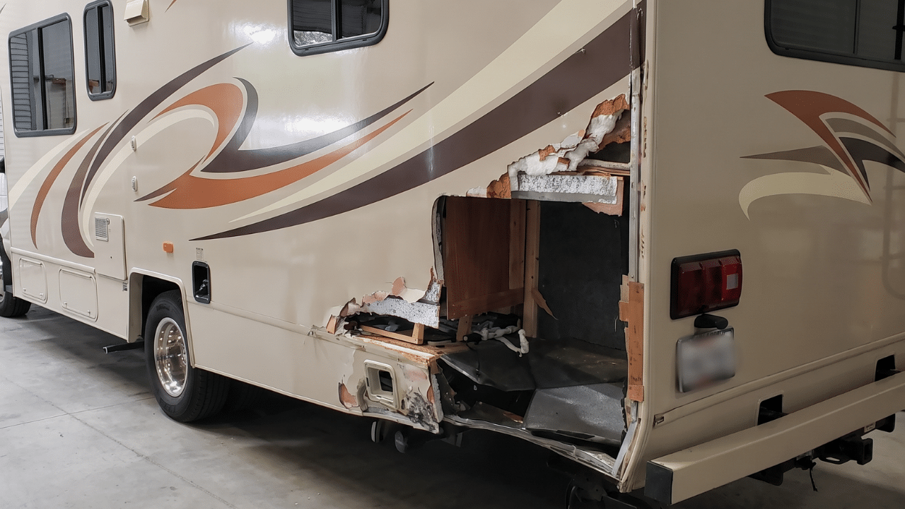 A Class-C motorhome damaged from tail swing (1)