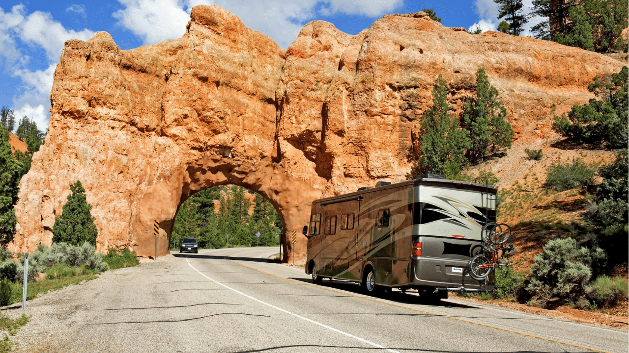A motorhome driving through a tunnel at Red Canyon in Utah