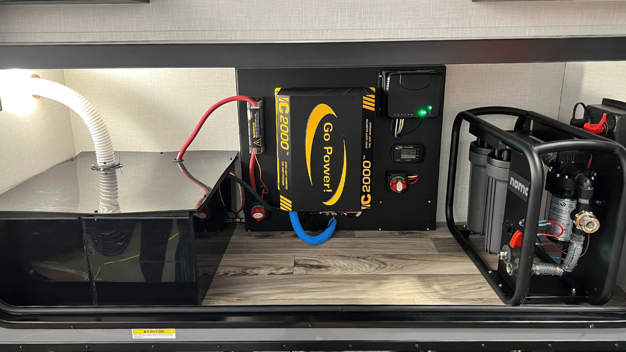 An inverter/charger installed in an RV electrical compartment