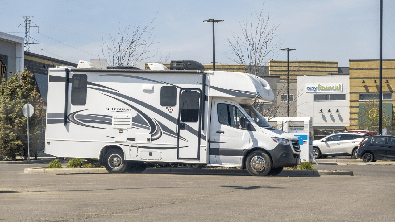 A Class-C RV parked in a parking lot