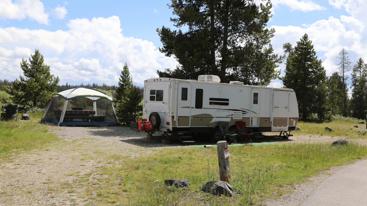 A small RV and tent at a wooded U.S. Forest Service campground.
