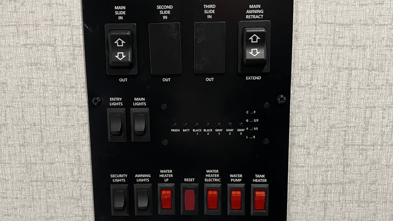 Panel inside a Winnebago showing tank sensors CamperFAQs